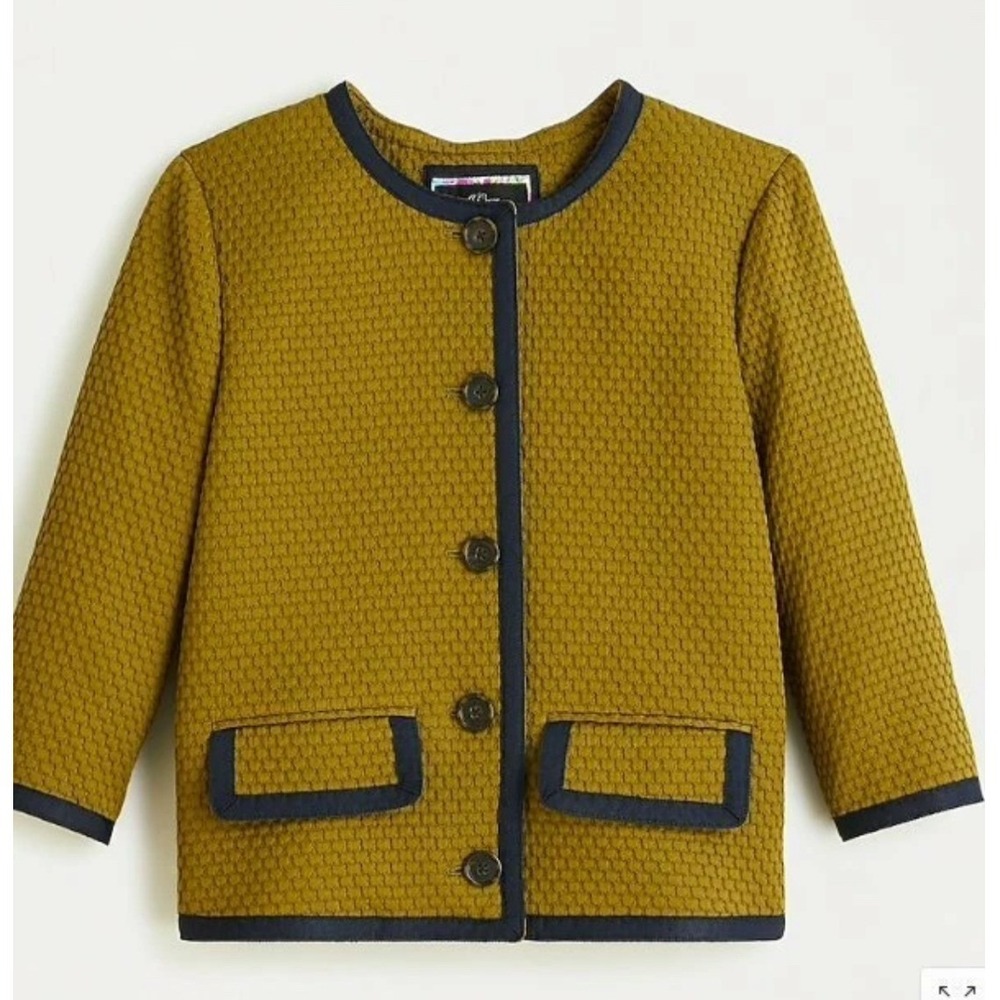 J.Crew Blazer Womens 8 Textured 3/4 Sleeve Olive Green Matalesse Navy Trim